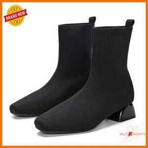 Women's Low Heel Ankle Boots Slip On Knit Square Toe Winter Booties
